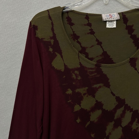 OSO Casuals Tie Dye Tunic Top S Olive Green Burgundy Sharkbite Hem 3/4 Sleeve - Picture 8 of 13